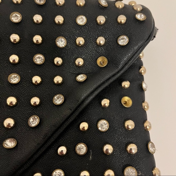 RHINESTONE + STUD BLACK LEATHER OVERSIZE CLUTCH - Picture 5 of 8
